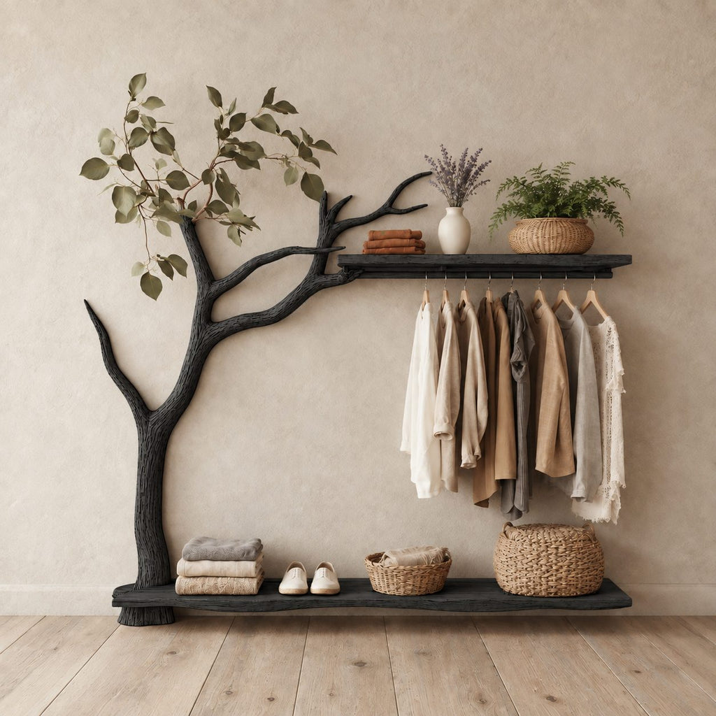 Low Tree Coat Hanger Stand with Top Shelf, Hanging Rail and Floor Slab Shelf, Solid Wood Clothes Rack, 42 x 50 Inch