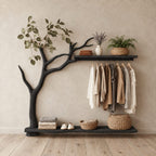 Low Tree Coat Hanger Stand with Top Shelf, Hanging Rail and Floor Slab Shelf, Solid Wood Clothes Rack, 42 x 50 Inch