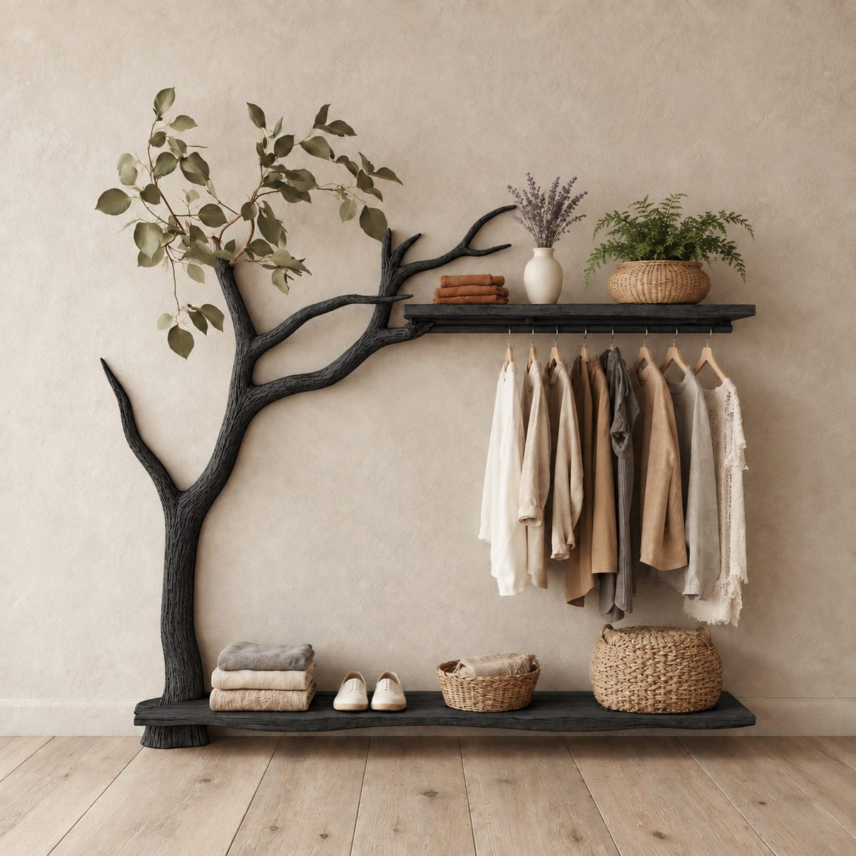 Low Tree Coat Hanger Stand with Top Shelf, Hanging Rail and Floor Slab Shelf, Solid Wood Clothes Rack, 42 x 50 Inch