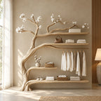 Driftwood Tree Clothes Rack with Four Shelves and Hanging Rail, Solid Wood Wall Wardrobe Organizer, 60 x 70 Inch
