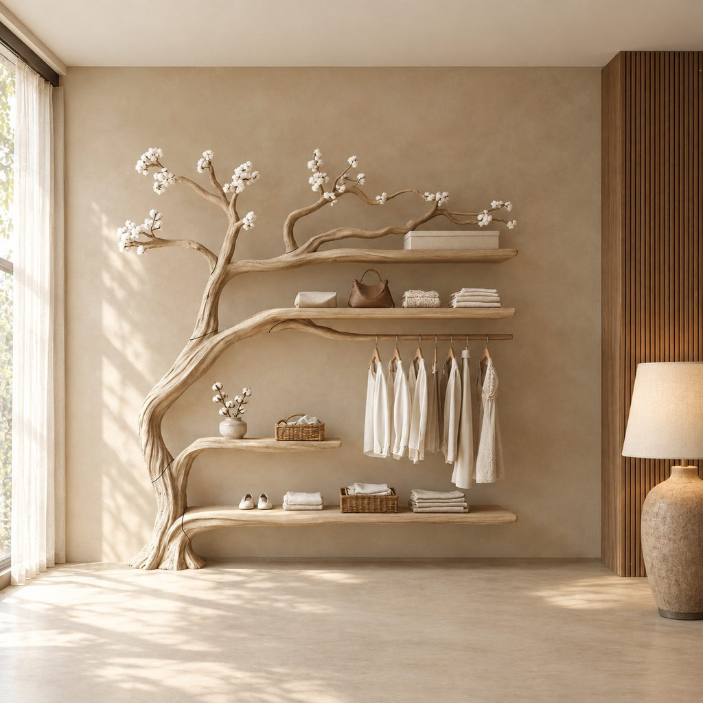 Driftwood Tree Clothes Rack with Four Shelves and Hanging Rail, Solid Wood Wall Wardrobe Organizer, 60 x 70 Inch