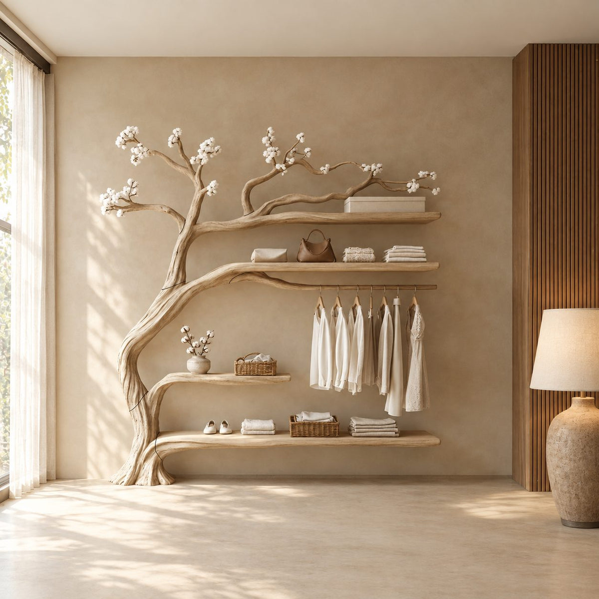 Driftwood Tree Clothes Rack with Four Shelves and Hanging Rail, Solid Wood Wall Wardrobe Organizer, 60 x 70 Inch