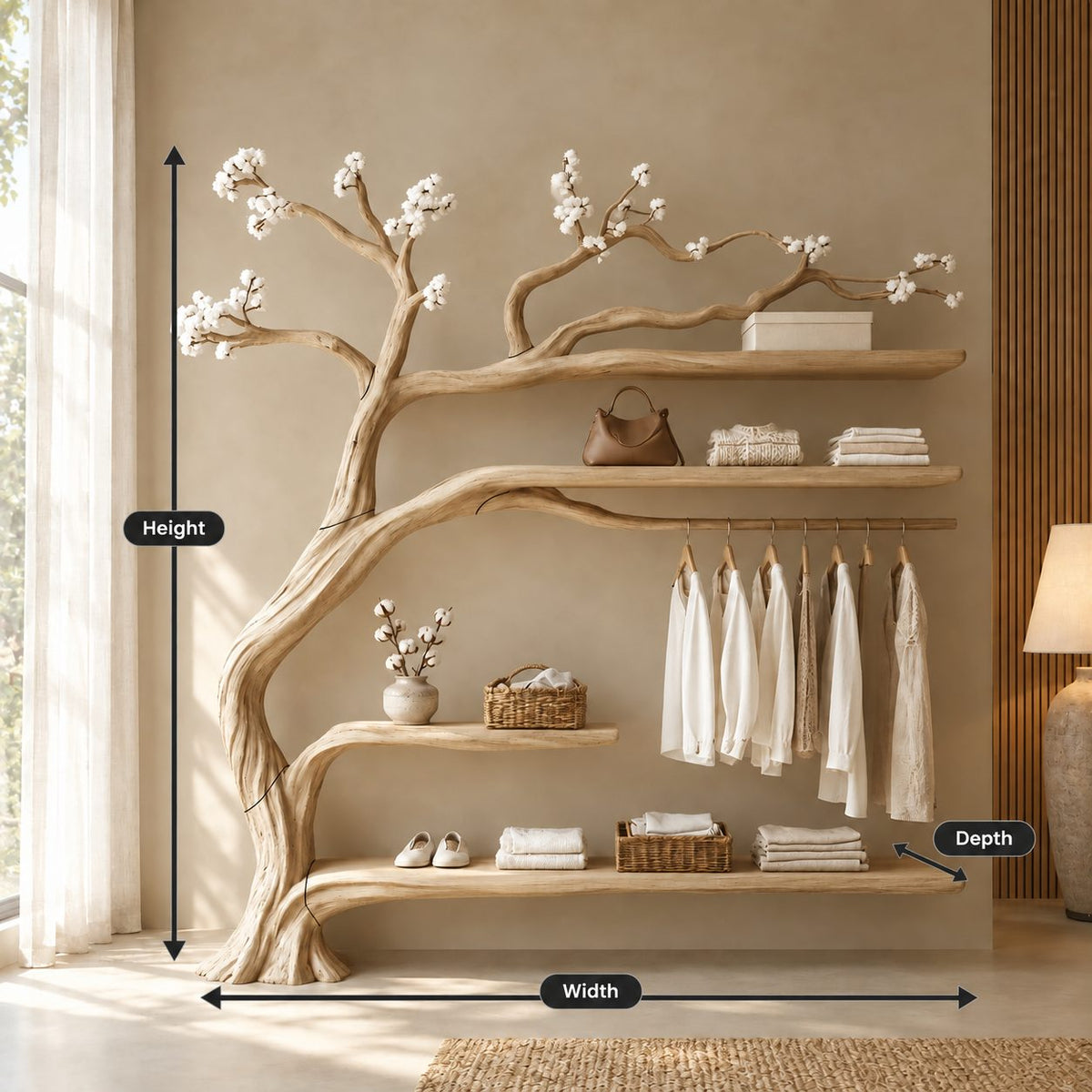 Driftwood Tree Clothes Rack with Four Shelves and Hanging Rail, Solid Wood Wall Wardrobe Organizer, 60 x 70 Inch