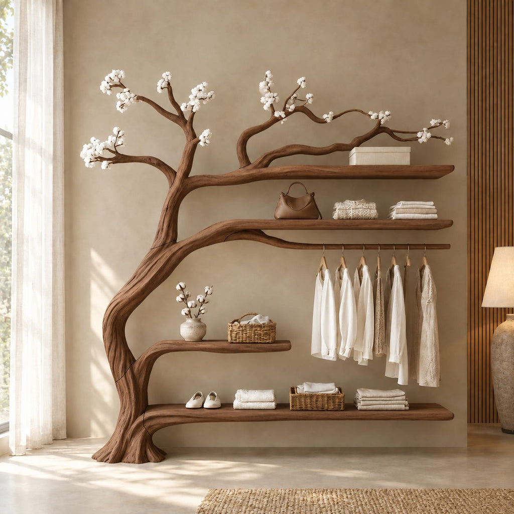 Driftwood Tree Clothes Rack with Four Shelves and Hanging Rail, Solid Wood Wall Wardrobe Organizer, 60 x 70 Inch
