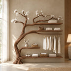 Driftwood Tree Clothes Rack with Four Shelves and Hanging Rail, Solid Wood Wall Wardrobe Organizer, 60 x 70 Inch