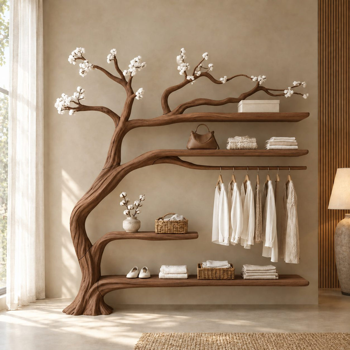 Driftwood Tree Clothes Rack with Four Shelves and Hanging Rail, Solid Wood Wall Wardrobe Organizer, 60 x 70 Inch
