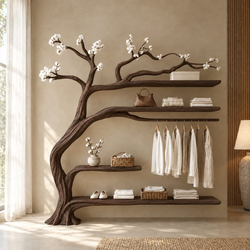 Driftwood Tree Clothes Rack with Four Shelves and Hanging Rail, Solid Wood Wall Wardrobe Organizer, 60 x 70 Inch