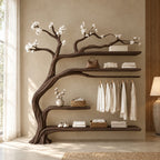 Driftwood Tree Clothes Rack with Four Shelves and Hanging Rail, Solid Wood Wall Wardrobe Organizer, 60 x 70 Inch