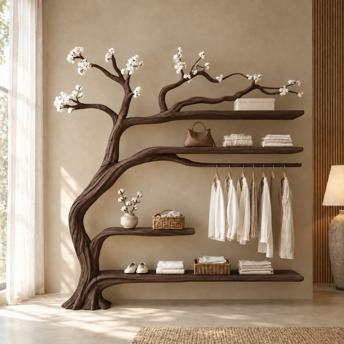 Driftwood Tree Clothes Rack with Four Shelves and Hanging Rail, Solid Wood Wall Wardrobe Organizer, 60 x 70 Inch