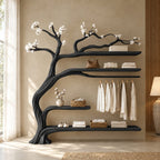 Driftwood Tree Clothes Rack with Four Shelves and Hanging Rail, Solid Wood Wall Wardrobe Organizer, 60 x 70 Inch