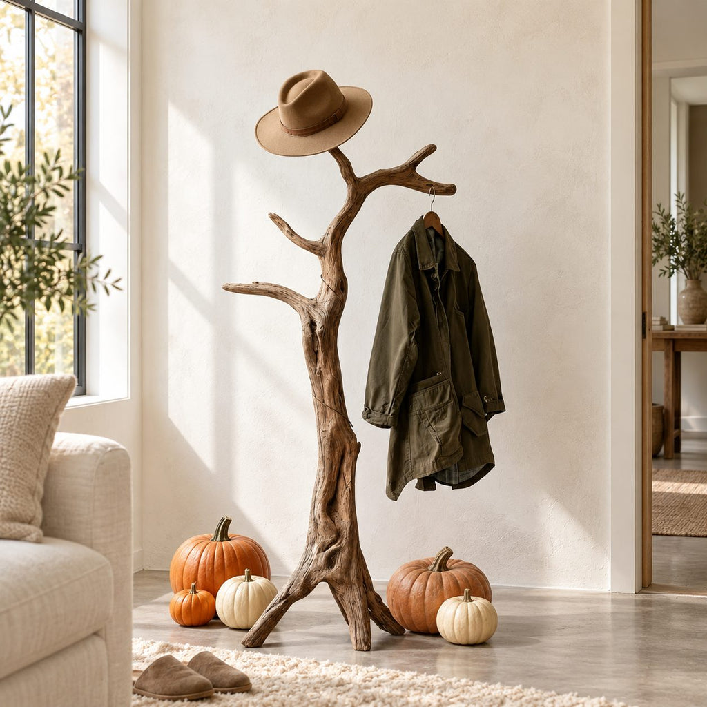 Tripod Root Branch Coat Stand, Freestanding Gnarled Solid Wood Tree Coat Rack for Entryway, 60-80 Inch
