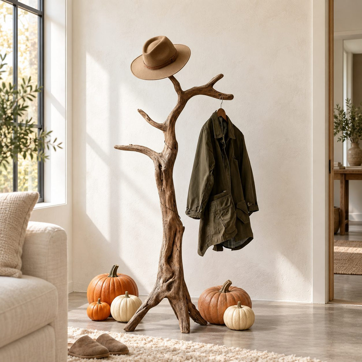 Tripod Root Branch Coat Stand, Freestanding Gnarled Solid Wood Tree Coat Rack for Entryway, 60-80 Inch