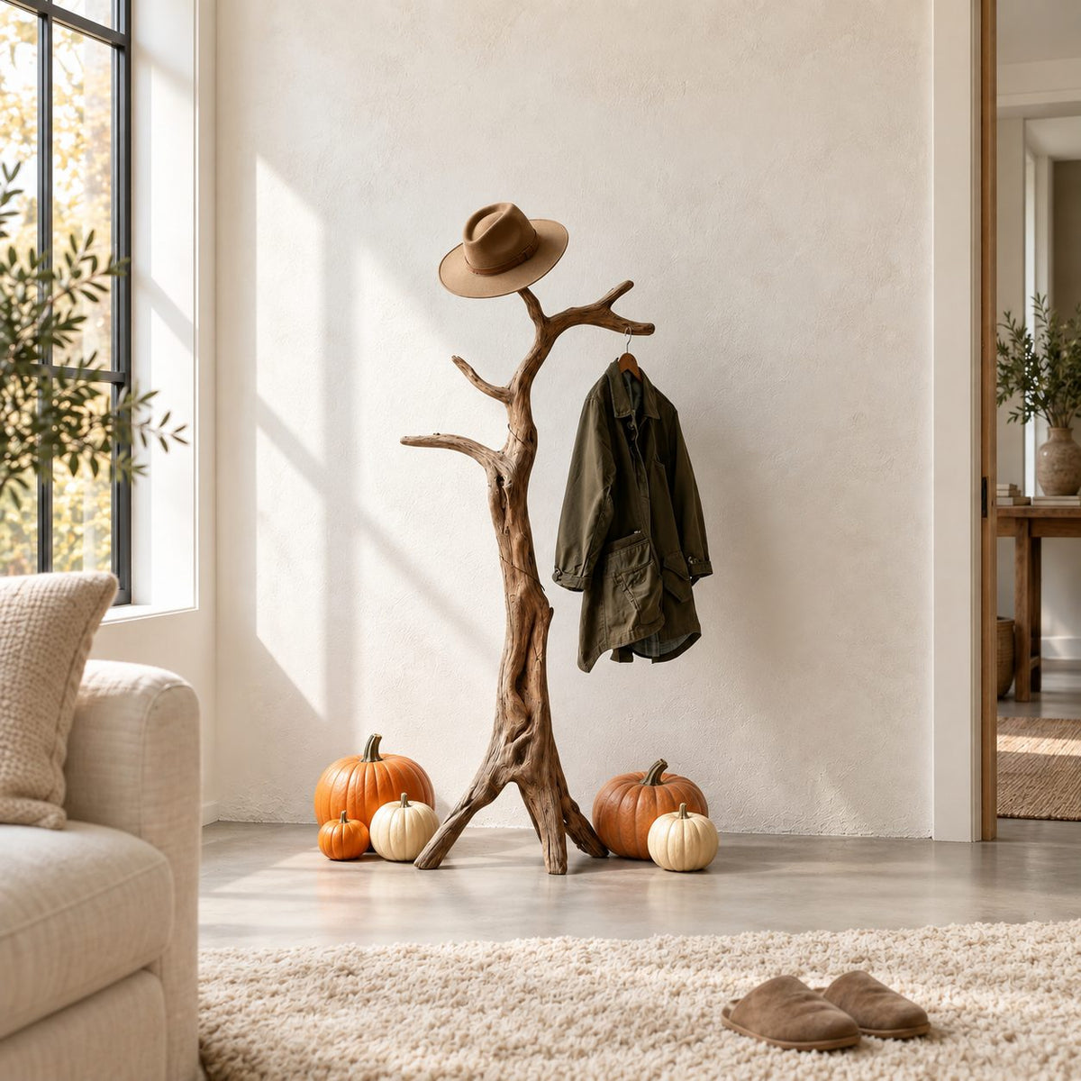 Tripod Root Branch Coat Stand, Freestanding Gnarled Solid Wood Tree Coat Rack for Entryway, 60-80 Inch