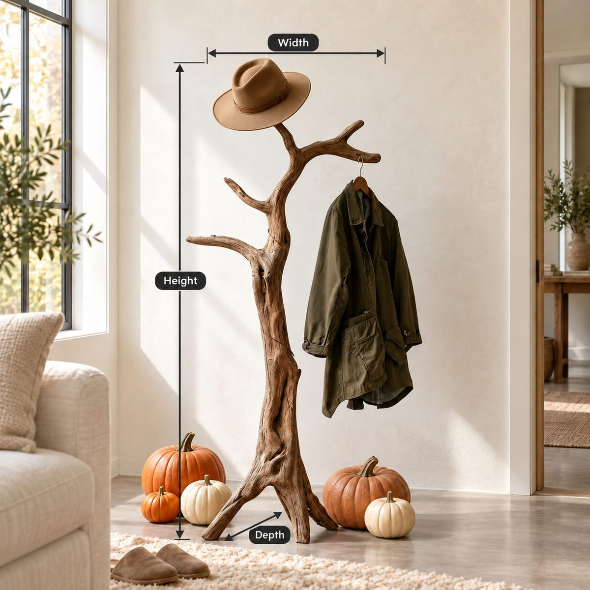 Tripod Root Branch Coat Stand, Freestanding Gnarled Solid Wood Tree Coat Rack for Entryway, 60-80 Inch