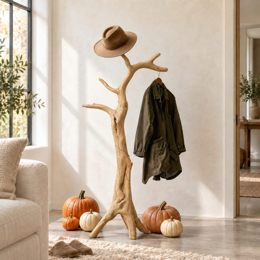 Tripod Root Branch Coat Stand, Freestanding Gnarled Solid Wood Tree Coat Rack for Entryway, 60-80 Inch