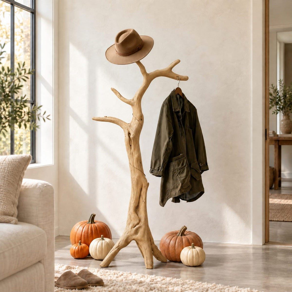 Tripod Root Branch Coat Stand, Freestanding Gnarled Solid Wood Tree Coat Rack for Entryway, 60-80 Inch