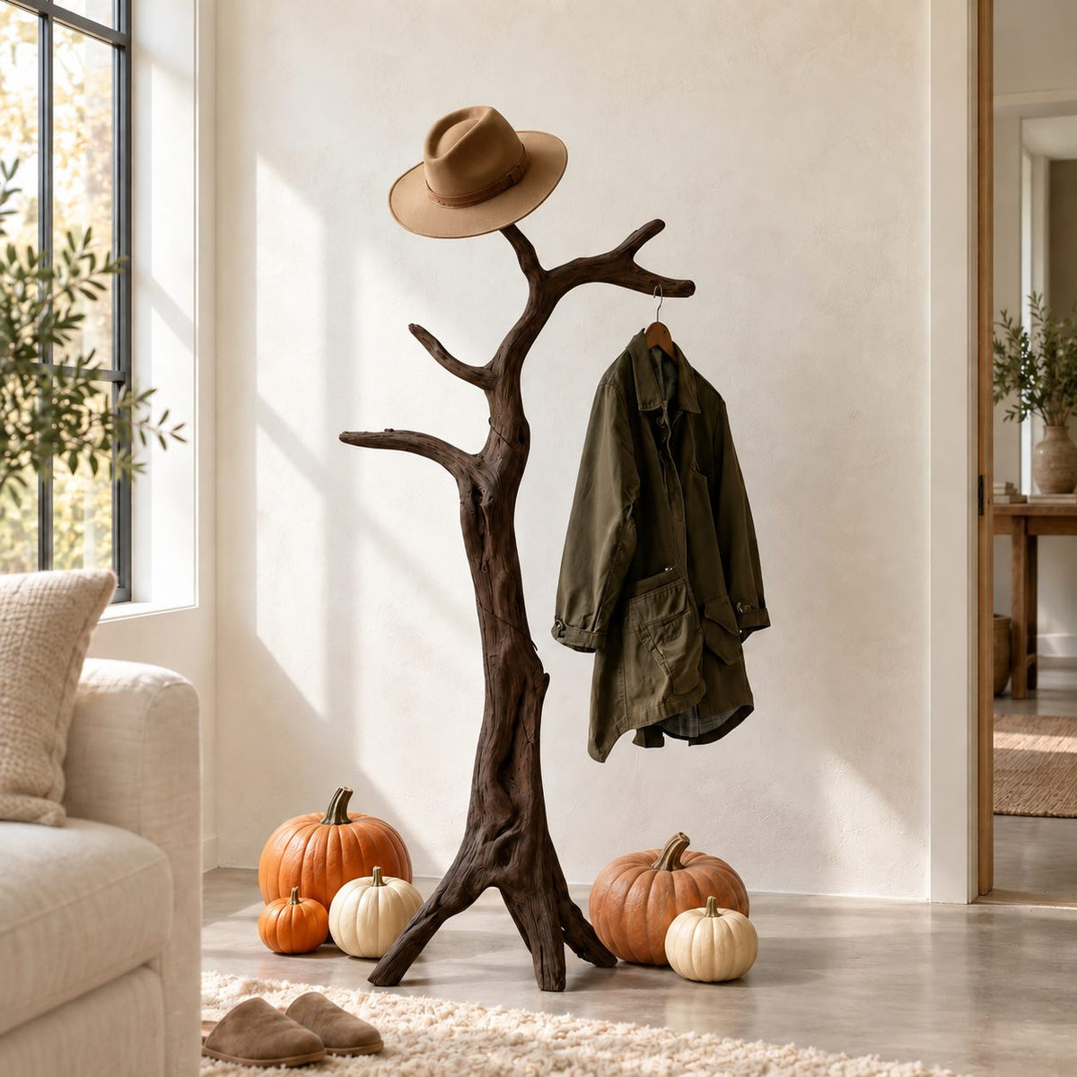 Tripod Root Branch Coat Stand, Freestanding Gnarled Solid Wood Tree Coat Rack for Entryway, 60-80 Inch