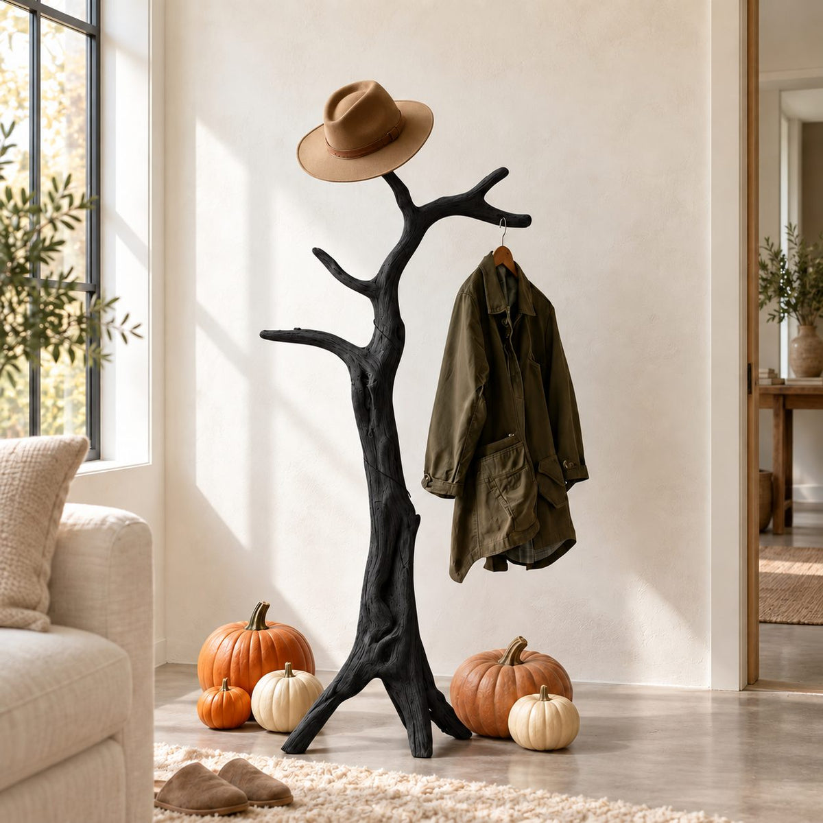 Tripod Root Branch Coat Stand, Freestanding Gnarled Solid Wood Tree Coat Rack for Entryway, 60-80 Inch