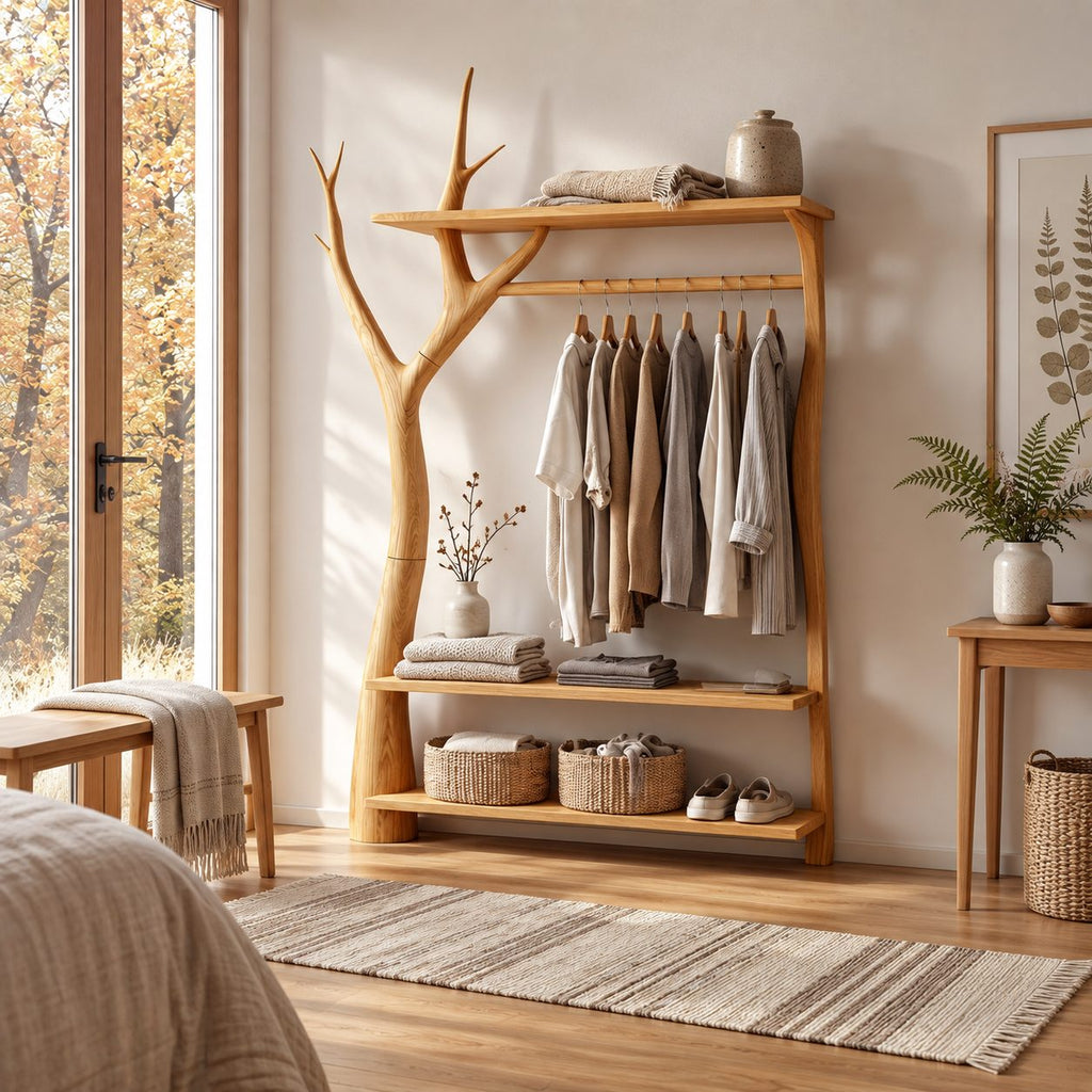 Y-Branch Frame Clothes Rack with Top Shelf and Two Low Shelves, Freestanding Solid Wood Garment Rack, 50 x 70 Inch
