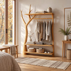 Y-Branch Frame Clothes Rack with Top Shelf and Two Low Shelves, Freestanding Solid Wood Garment Rack, 50 x 70 Inch