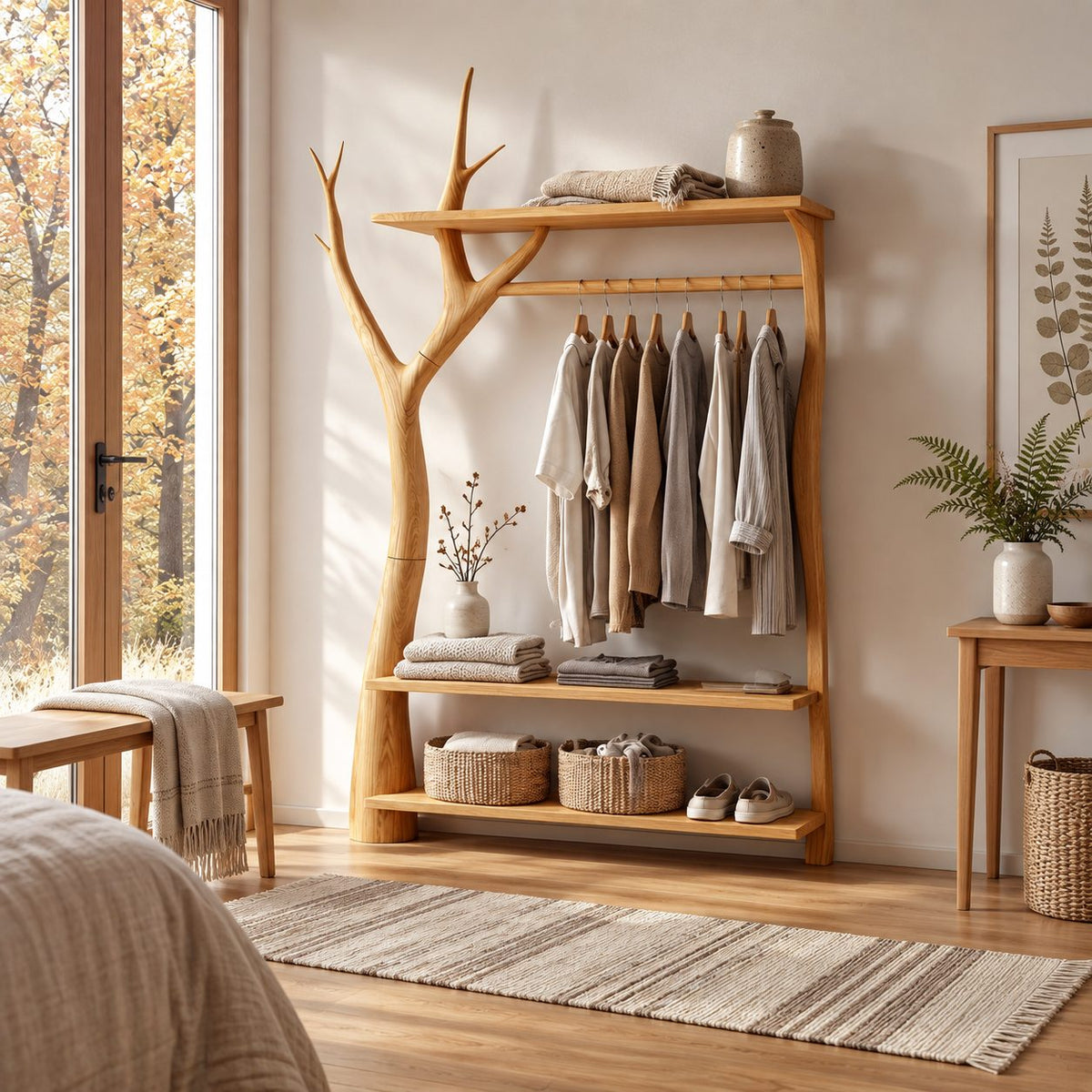 Y-Branch Frame Clothes Rack with Top Shelf and Two Low Shelves, Freestanding Solid Wood Garment Rack, 50 x 70 Inch