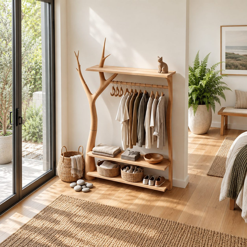 Y-Branch Frame Clothes Rack with Top Shelf and Two Low Shelves, Freestanding Solid Wood Garment Rack, 50 x 70 Inch