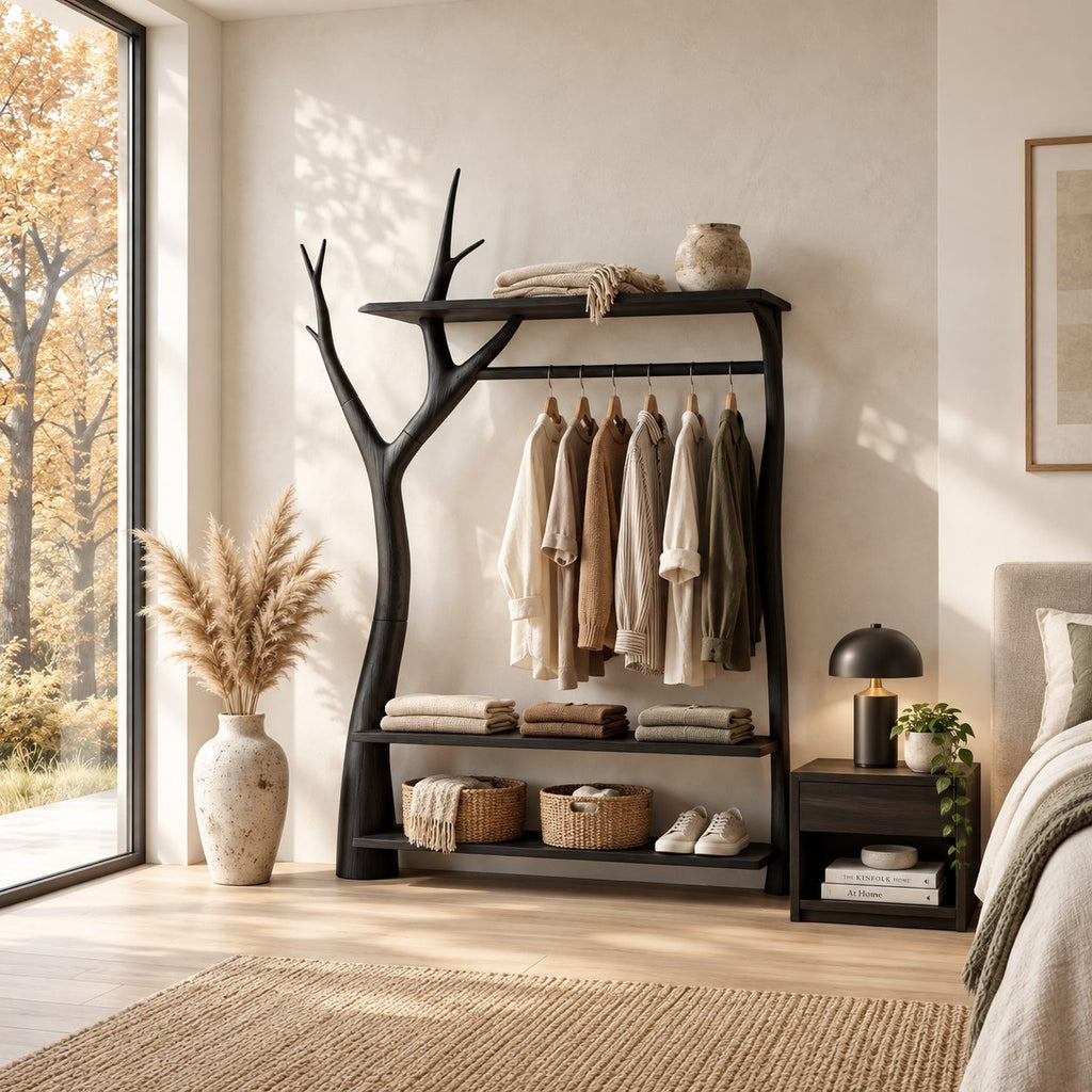 Y-Branch Frame Clothes Rack with Top Shelf and Two Low Shelves, Freestanding Solid Wood Garment Rack, 50 x 70 Inch