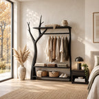Y-Branch Frame Clothes Rack with Top Shelf and Two Low Shelves, Freestanding Solid Wood Garment Rack, 50 x 70 Inch
