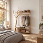 Y-Branch Frame Clothes Rack with Top Shelf and Two Low Shelves, Freestanding Solid Wood Garment Rack, 50 x 70 Inch
