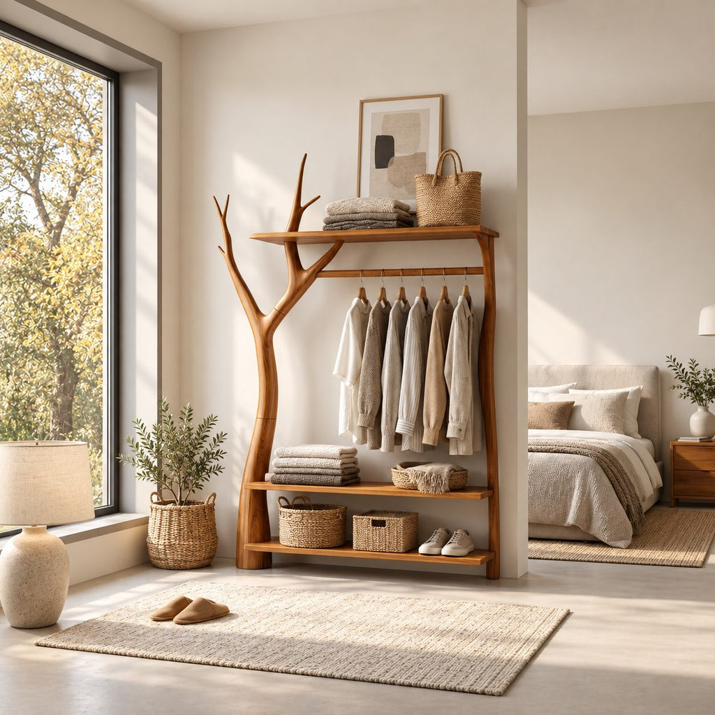 Y-Branch Frame Clothes Rack with Top Shelf and Two Low Shelves, Freestanding Solid Wood Garment Rack, 50 x 70 Inch