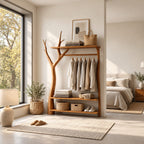 Y-Branch Frame Clothes Rack with Top Shelf and Two Low Shelves, Freestanding Solid Wood Garment Rack, 50 x 70 Inch