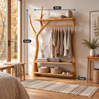 Y-Branch Frame Clothes Rack with Top Shelf and Two Low Shelves, Freestanding Solid Wood Garment Rack, 50 x 70 Inch