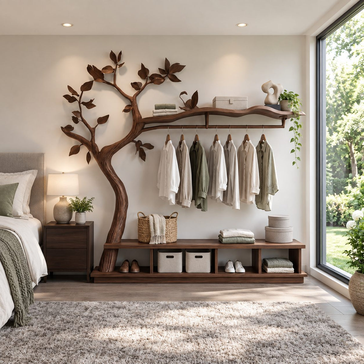 Spreading Tree Wardrobe Stand with Wavy Top Shelf, Hanging Rail and Cubby Bench, Solid Wood, 70 x 80 Inch
