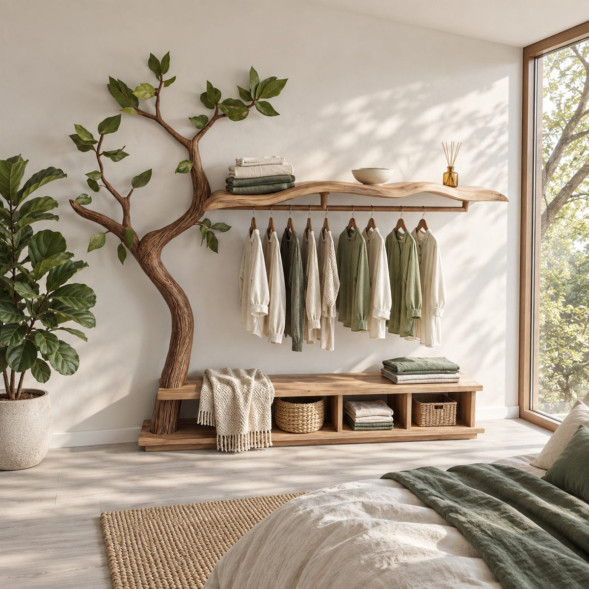 Spreading Tree Wardrobe Stand with Wavy Top Shelf, Hanging Rail and Cubby Bench, Solid Wood, 70 x 80 Inch