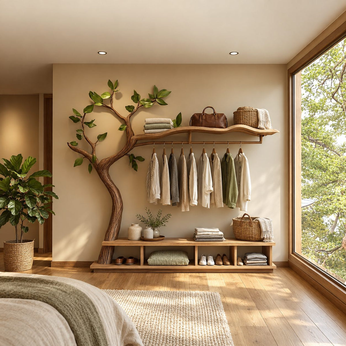 Spreading Tree Wardrobe Stand with Wavy Top Shelf, Hanging Rail and Cubby Bench, Solid Wood, 70 x 80 Inch