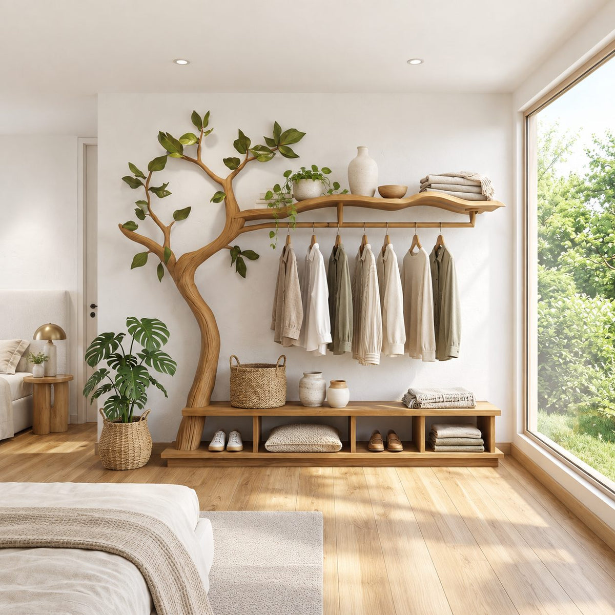 Spreading Tree Wardrobe Stand with Wavy Top Shelf, Hanging Rail and Cubby Bench, Solid Wood, 70 x 80 Inch