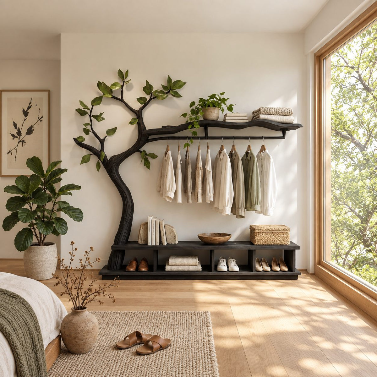 Spreading Tree Wardrobe Stand with Wavy Top Shelf, Hanging Rail and Cubby Bench, Solid Wood, 70 x 80 Inch