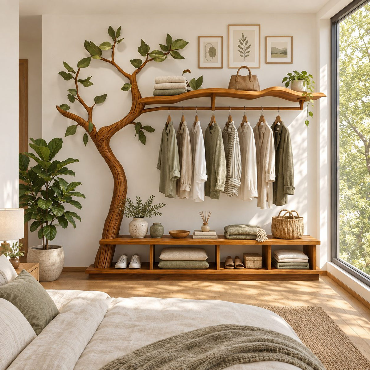 Spreading Tree Wardrobe Stand with Wavy Top Shelf, Hanging Rail and Cubby Bench, Solid Wood, 70 x 80 Inch