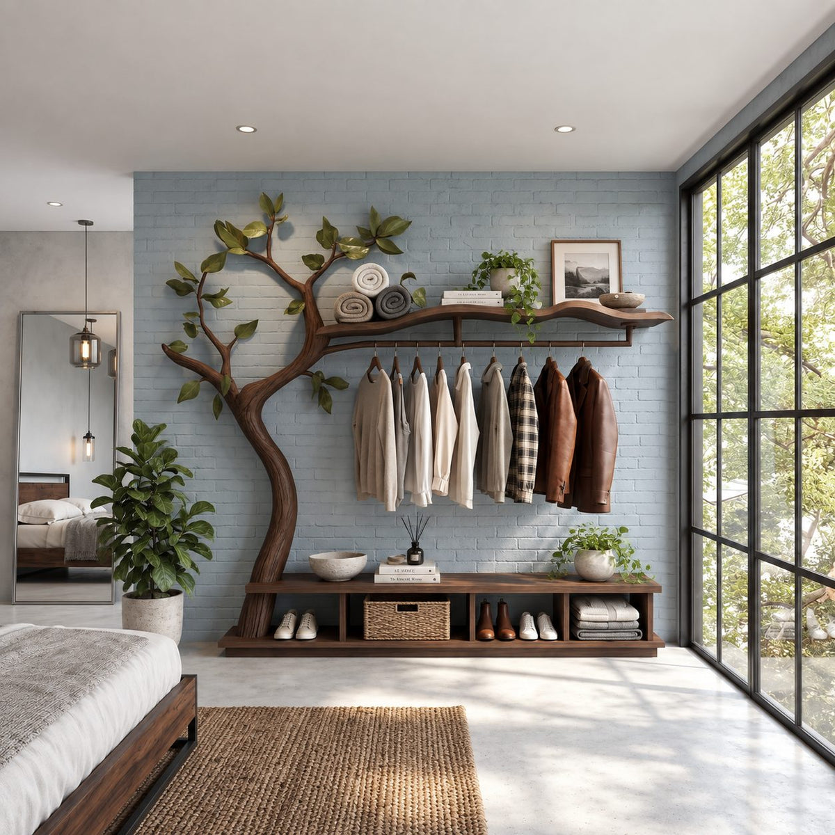 Spreading Tree Wardrobe Stand with Wavy Top Shelf, Hanging Rail and Cubby Bench, Solid Wood, 70 x 80 Inch