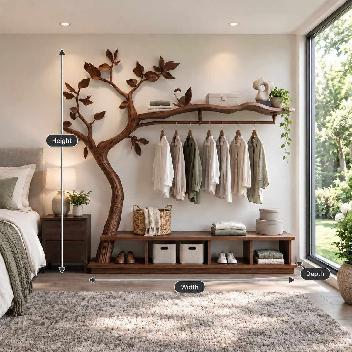 Spreading Tree Wardrobe Stand with Wavy Top Shelf, Hanging Rail and Cubby Bench, Solid Wood, 70 x 80 Inch