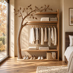 Curved Trunk Tree Wardrobe with Three Shelves and Hanging Rail, Freestanding Solid Wood Clothes Organizer, 80 Inch