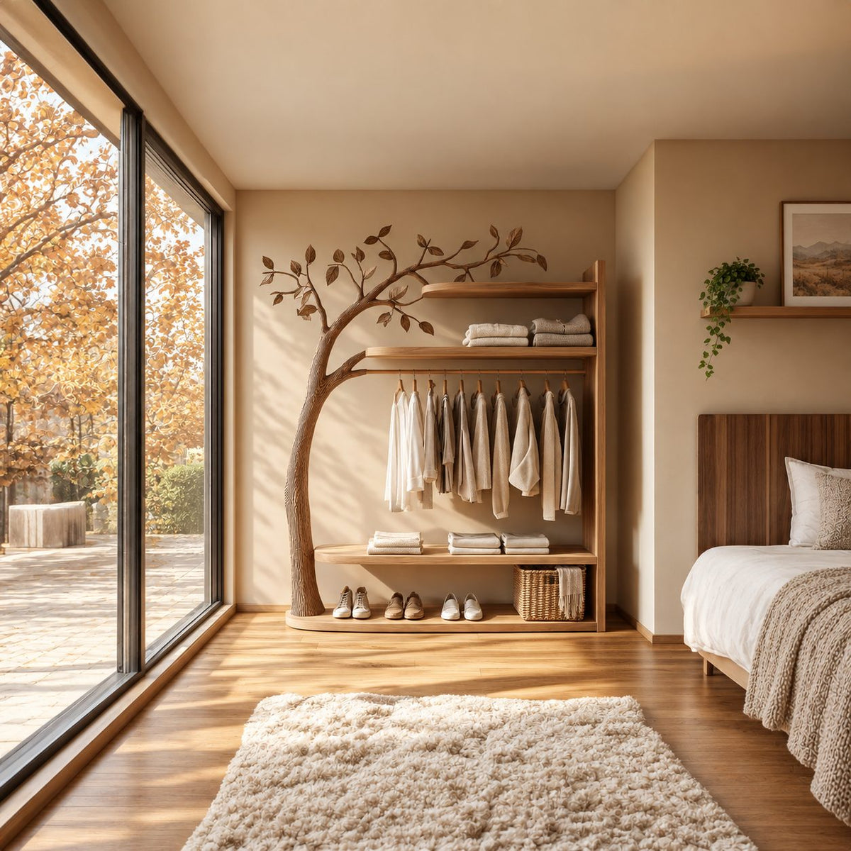 Curved Trunk Tree Wardrobe with Three Shelves and Hanging Rail, Freestanding Solid Wood Clothes Organizer, 80 Inch