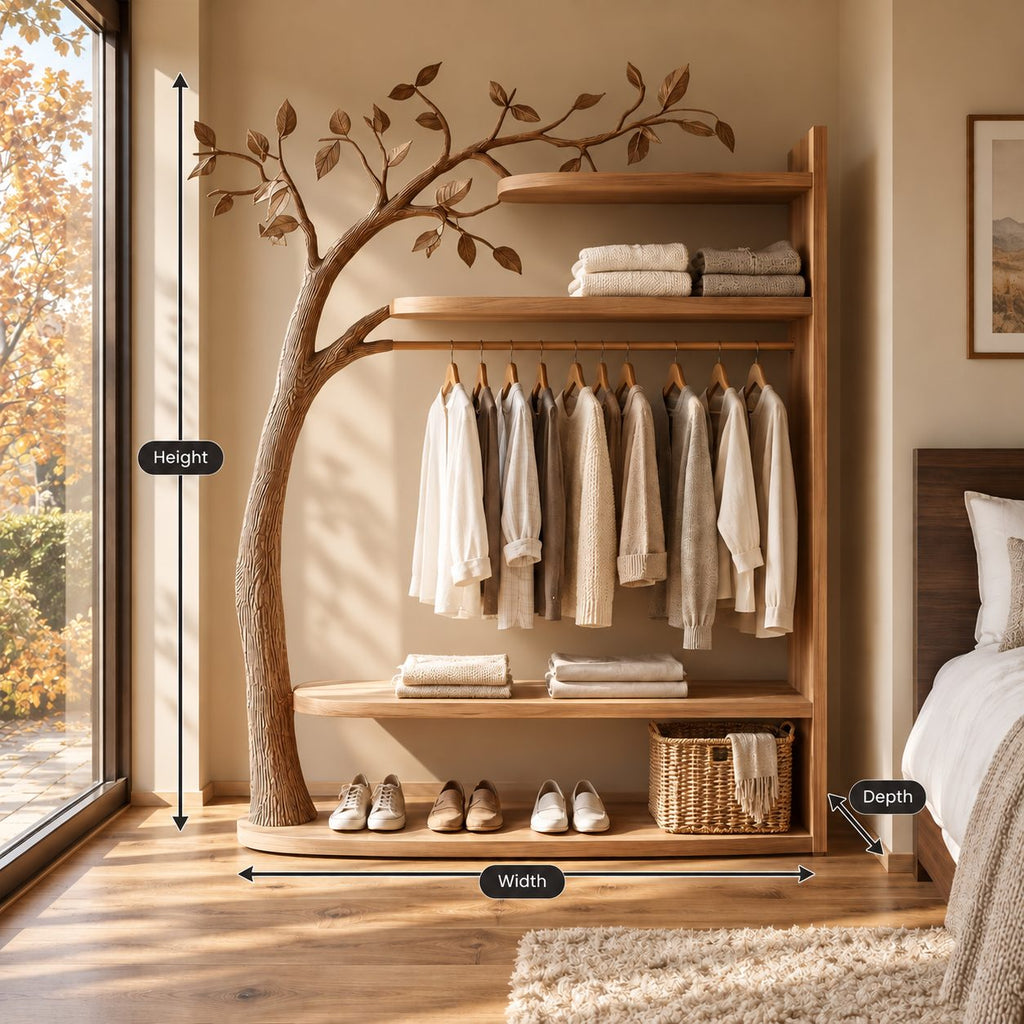 Curved Trunk Tree Wardrobe with Three Shelves and Hanging Rail, Freestanding Solid Wood Clothes Organizer, 80 Inch