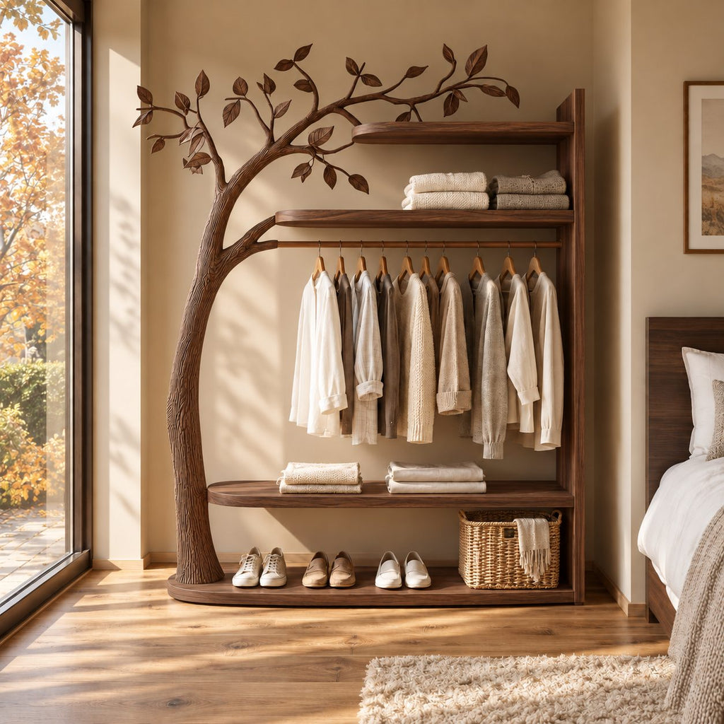 Curved Trunk Tree Wardrobe with Three Shelves and Hanging Rail, Freestanding Solid Wood Clothes Organizer, 80 Inch