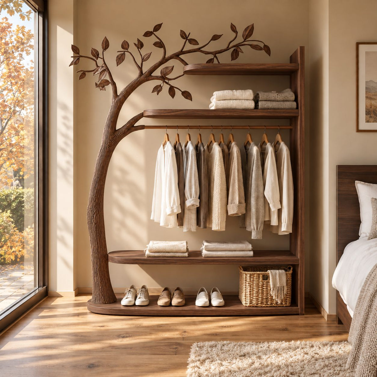 Curved Trunk Tree Wardrobe with Three Shelves and Hanging Rail, Freestanding Solid Wood Clothes Organizer, 80 Inch