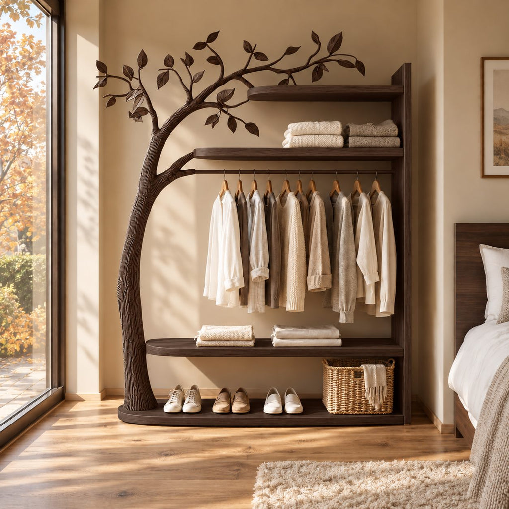 Curved Trunk Tree Wardrobe with Three Shelves and Hanging Rail, Freestanding Solid Wood Clothes Organizer, 80 Inch