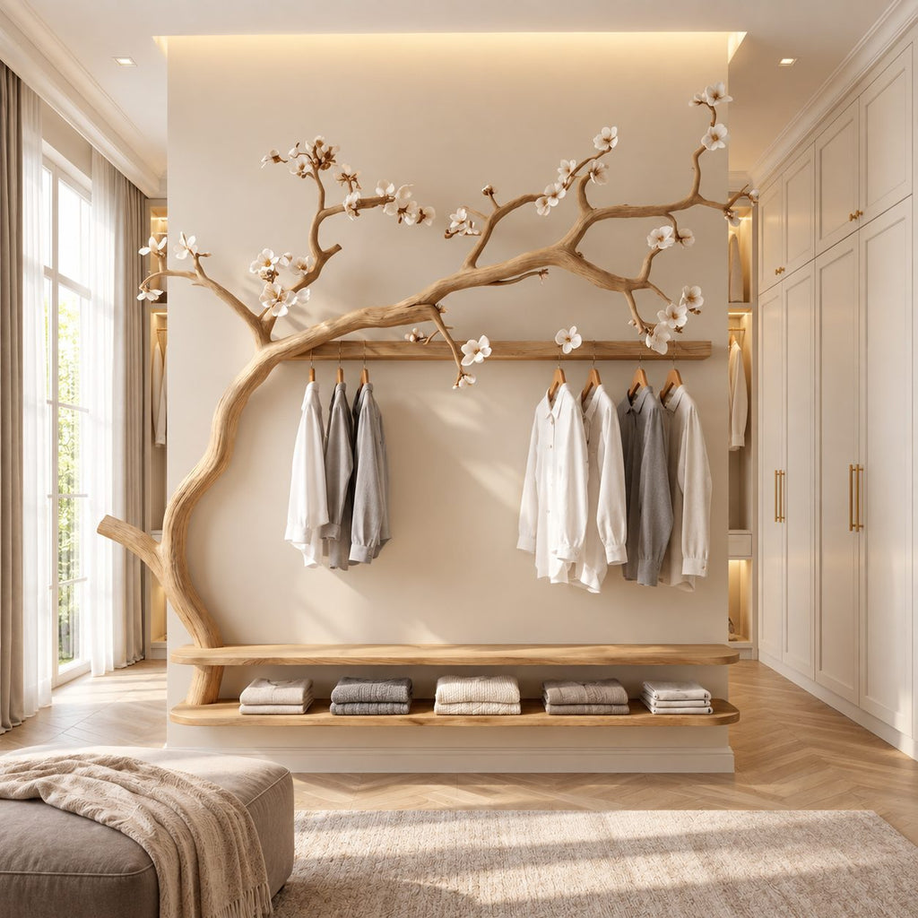 Sweeping Branch Wall Wardrobe with Hanging Rail and Double Low Shelf, Solid Wood Bedroom Clothes Rack, 60 x 70 Inch