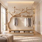 Sweeping Branch Wall Wardrobe with Hanging Rail and Double Low Shelf, Solid Wood Bedroom Clothes Rack, 60 x 70 Inch