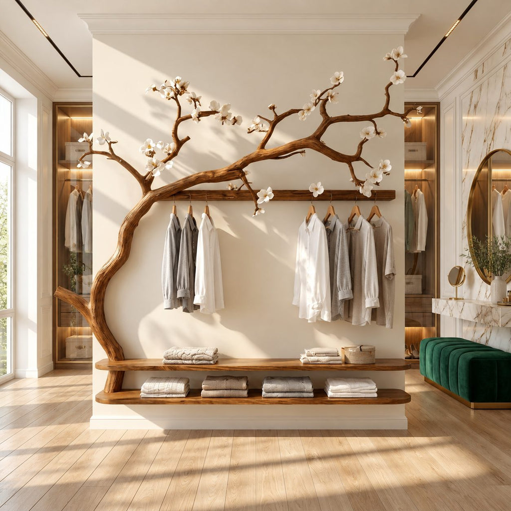 Sweeping Branch Wall Wardrobe with Hanging Rail and Double Low Shelf, Solid Wood Bedroom Clothes Rack, 60 x 70 Inch