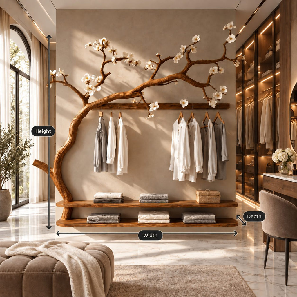 Sweeping Branch Wall Wardrobe with Hanging Rail and Double Low Shelf, Solid Wood Bedroom Clothes Rack, 60 x 70 Inch